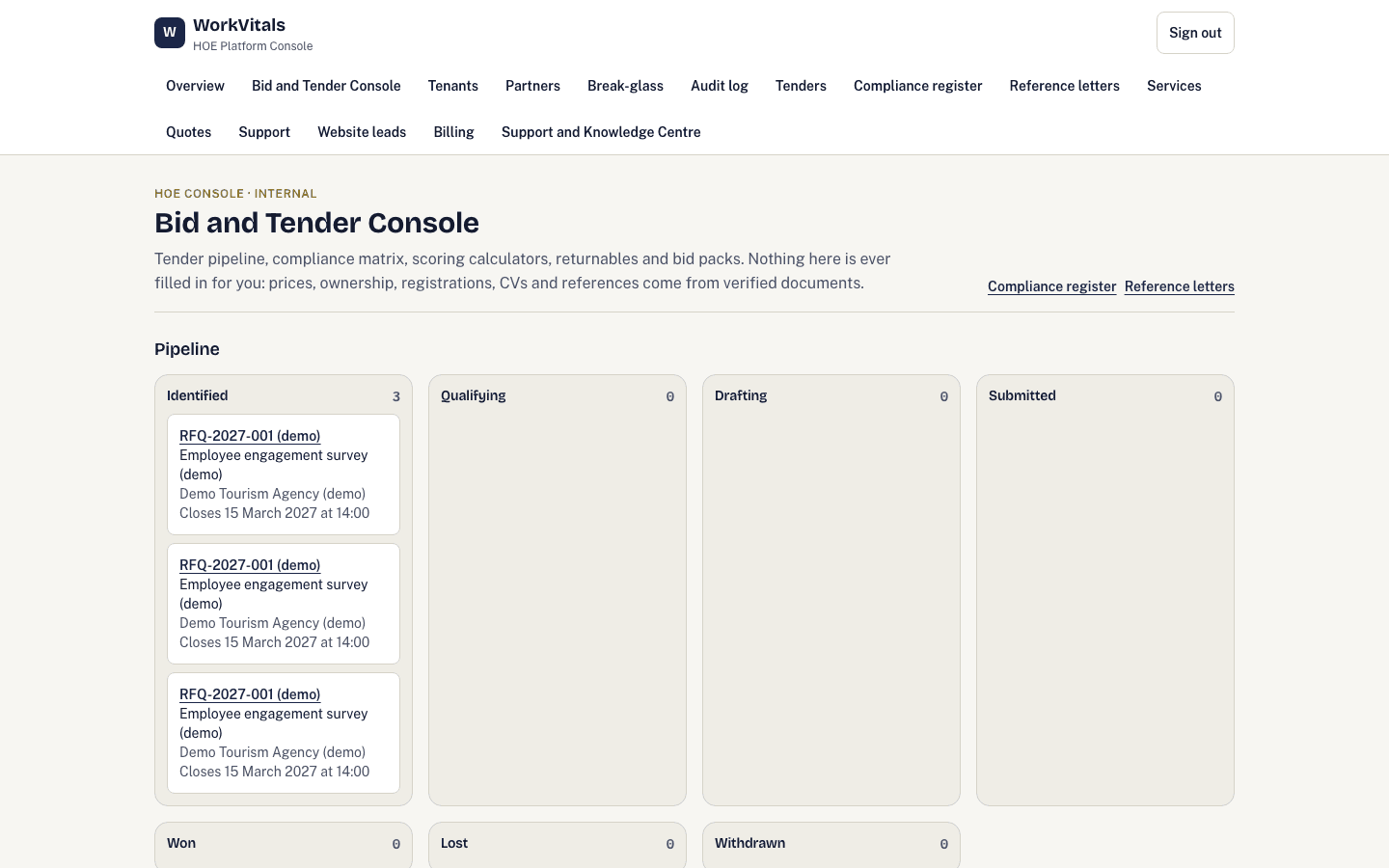 Bid Console: tender packs with compliance documents and pricing.