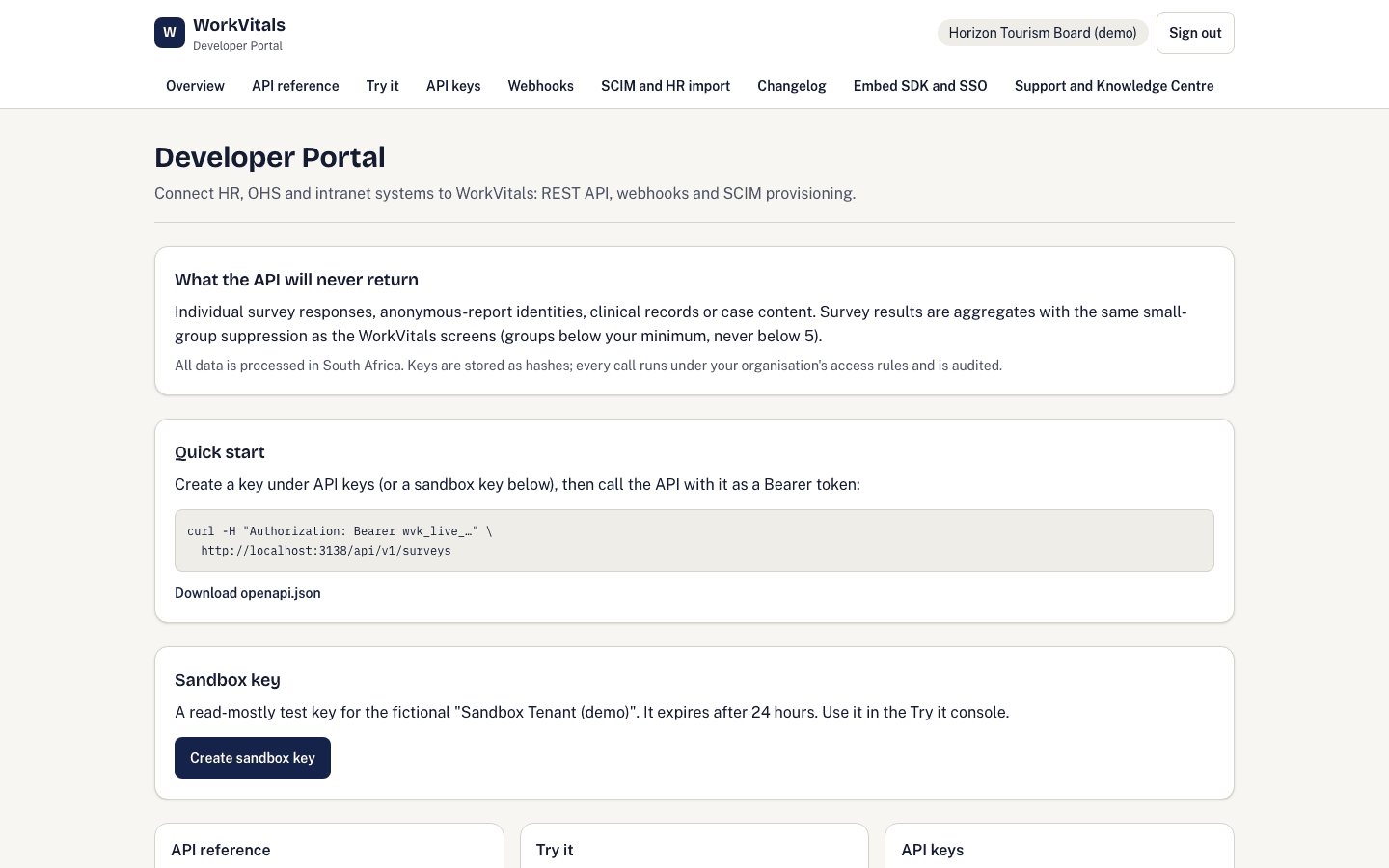 Developer portal: API keys, webhooks and reference documentation.