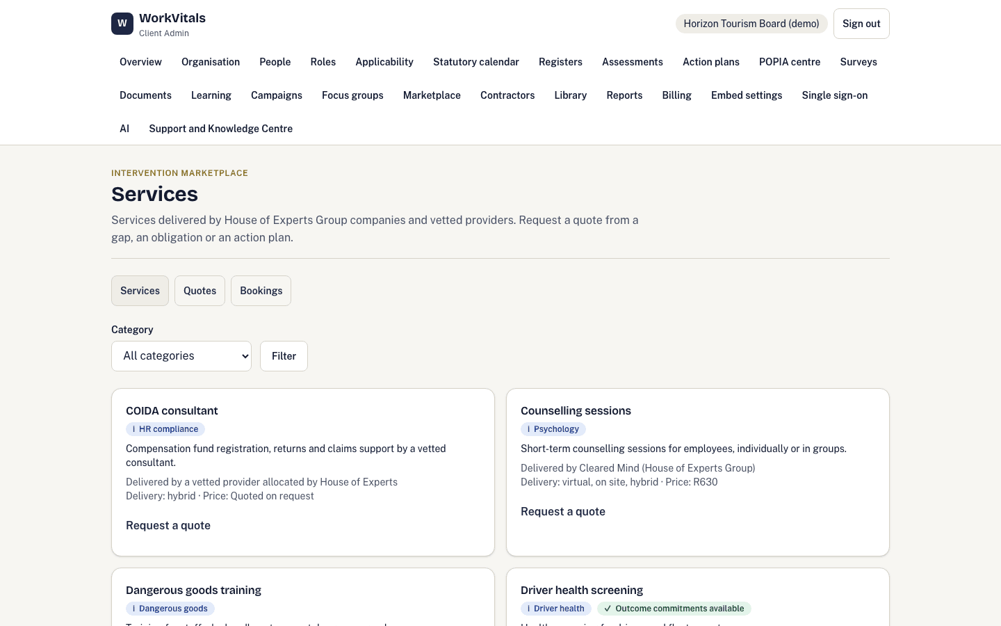 Marketplace: book occupational health, EAP and wellness services.