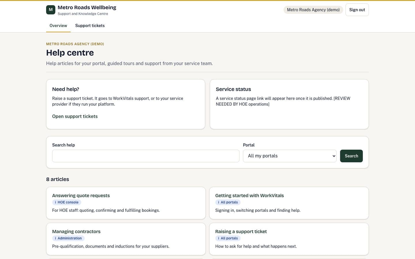 Support and Knowledge Centre portal home with fictional demo data