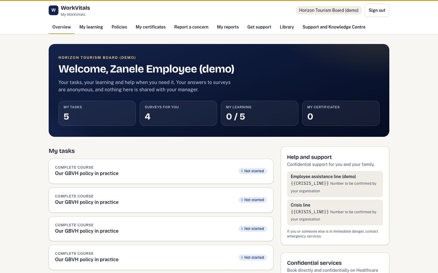 My WorkVitals portal home with fictional demo data