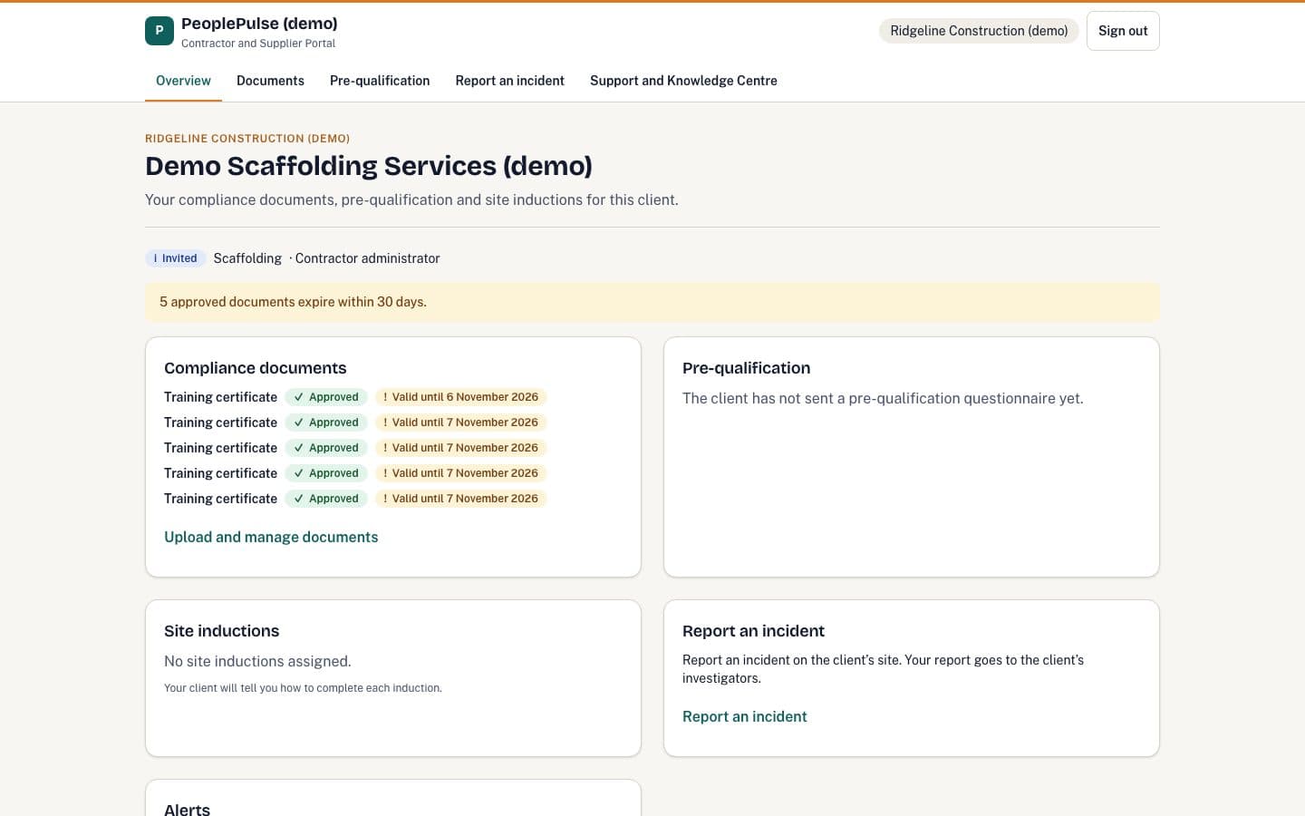 Contractor and Supplier Portal portal home with fictional demo data